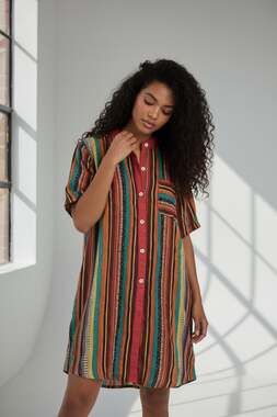 Gracila Colorful Vertical Striped Boho Button-Down Sheer Ethnic Tunic Top